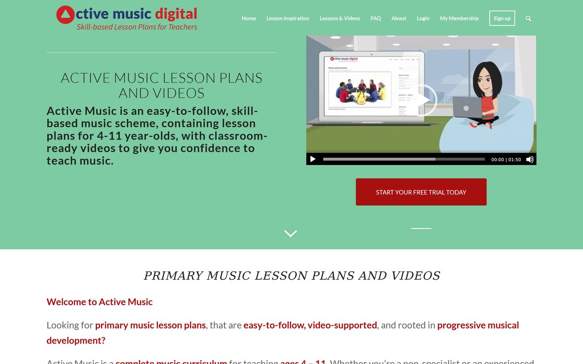 Desktop homepage of Active Music Digital, a subscription teaching platform with lesson-plan and video content.