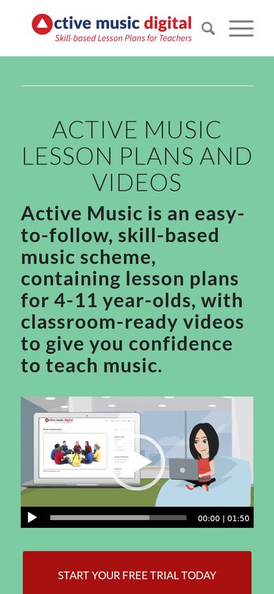Mobile homepage of Active Music Digital with a free-trial call to action.