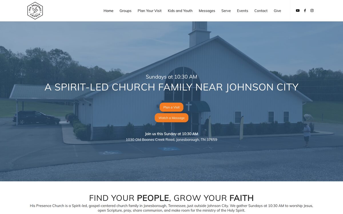 Desktop homepage of His Presence Church with service time, location, and visit calls to action.