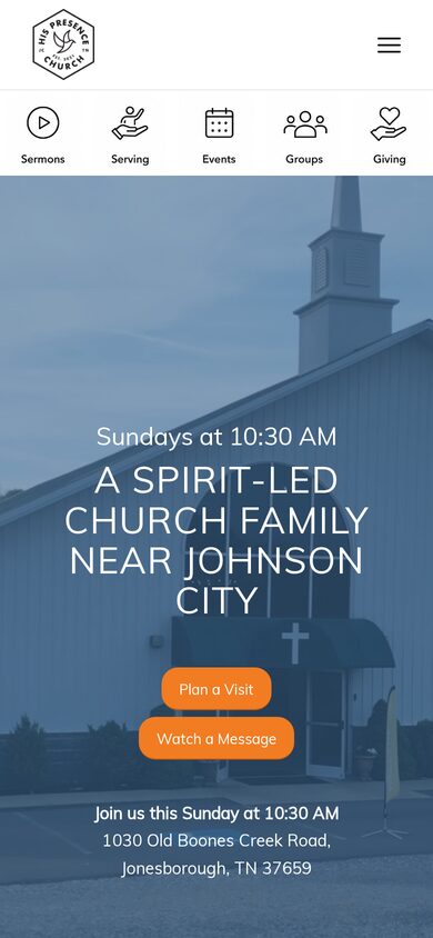 Mobile homepage of His Presence Church with shortcut icons and Plan a Visit and Watch a Message buttons.