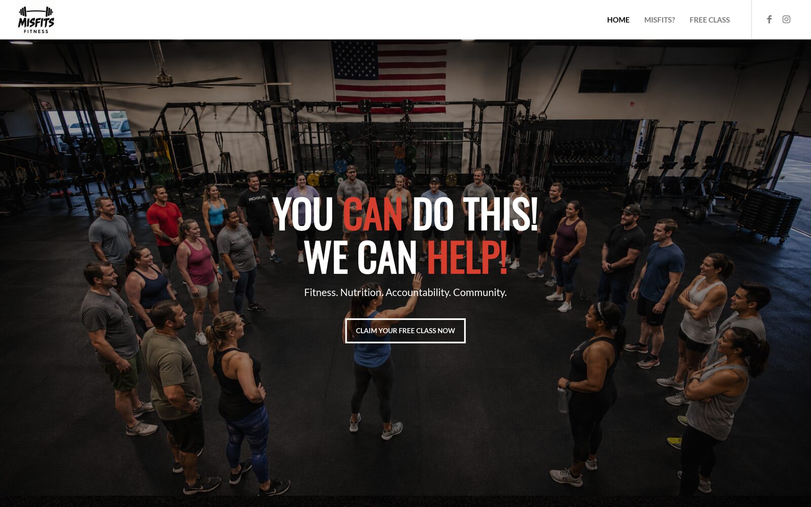 Desktop homepage of The Misfits Fitness, showing a gym community photo and a claim-your-free-class call to action.