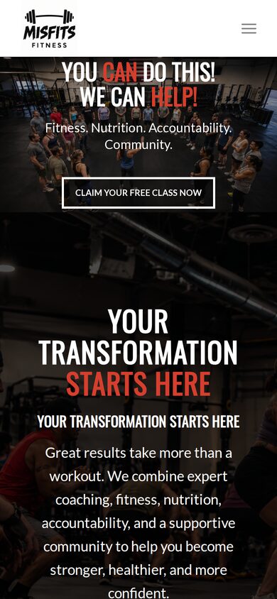 Mobile homepage of The Misfits Fitness with a prominent free-class call to action.